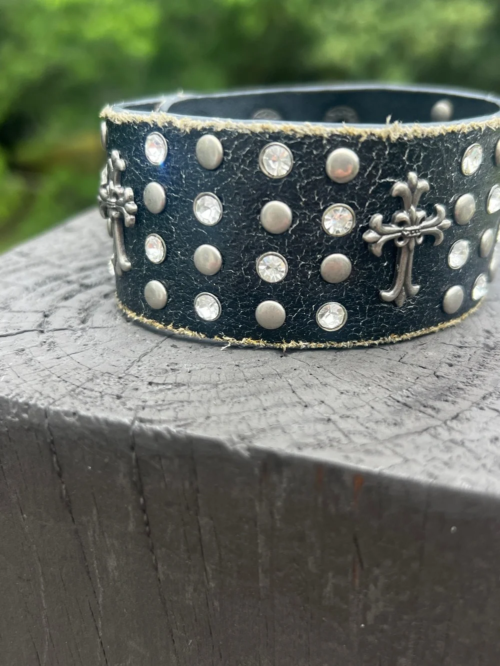 Distressed Genuine Leather Cross Studded Cuff Bracelet